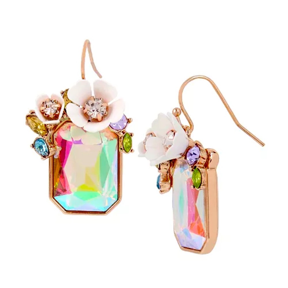 Betsey Johnson Stone Flower Cluster Drop Earrings White Rose Gold New